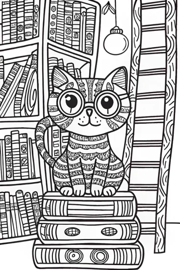 A coloring page of Page the Cat in the Enchanted Library Coloring Page