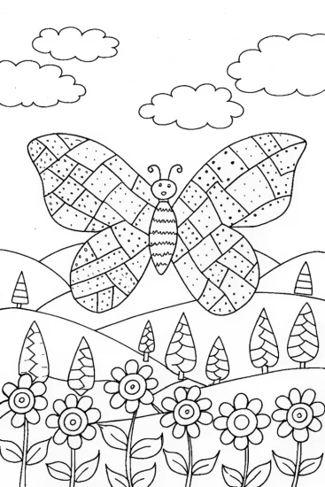 A coloring page of Fairy Gardener with a Patchwork Sky Coloring Page