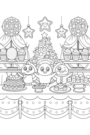 A coloring page of Kirby’s Whimsical Bakery Adventure Coloring Page