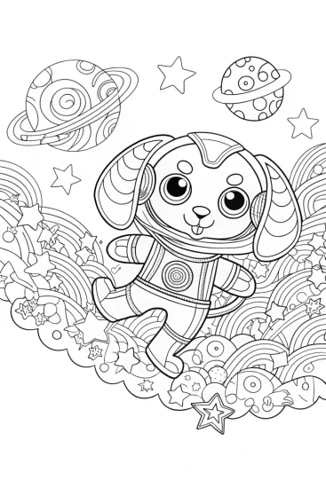 A coloring page of Puppy Astronaut on a Cosmic Adventure Coloring Page