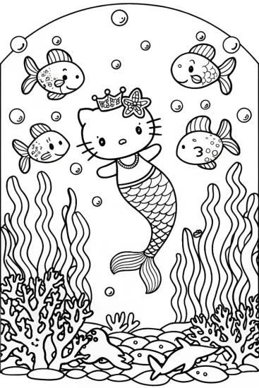 A coloring page of Hello Kitty’s Magical Underwater Adventure Coloring Page