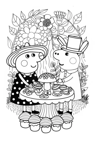 A coloring page of Peppa Pig’s Enchanted Tea Party Coloring Page