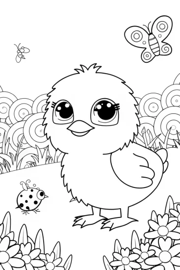 A coloring page of Chick’s Adventure in the Garden Labyrinth Coloring Page
