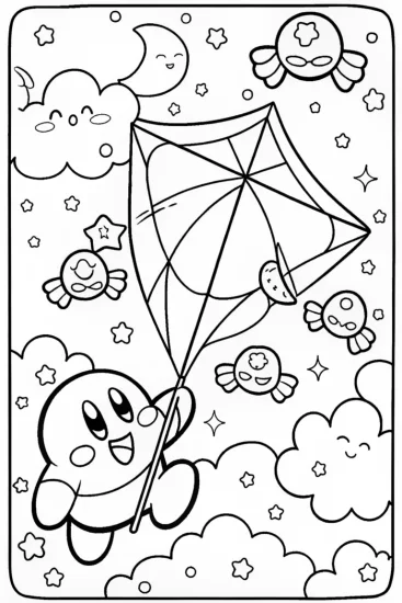 A coloring page of Kirby’s Galactic Kite Festival Coloring Page