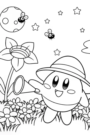 A coloring page of Kirby’s cosmic flower watering fun