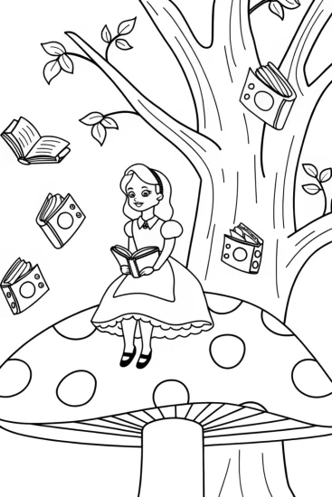 A coloring page of Alice’s Magical Library Coloring Page