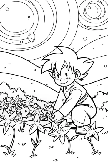 A coloring page of Goku and the Galactic Garden Coloring Page