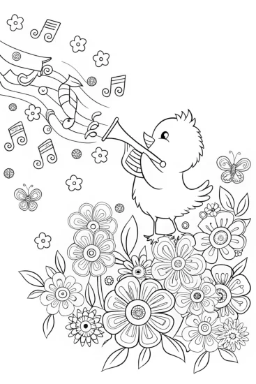 A coloring page of Chick’s Magical Music Garden Coloring Page