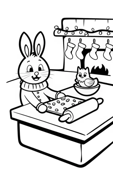 A coloring page of Holiday Helpers in the Snowy Kitchen Coloring Page