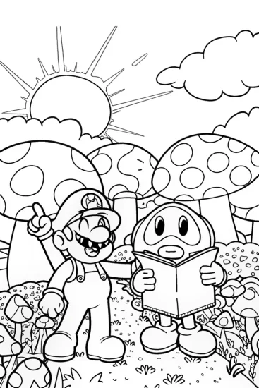 A coloring page of Mario and Toad’s Mushroom Maze Adventure Coloring Page