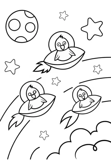 A coloring page of Chickens in a Cosmic Adventure Coloring Page