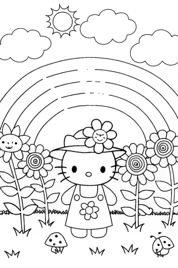 A coloring page of Hello Kitty’s Rainbow Garden Adventure Coloring Page