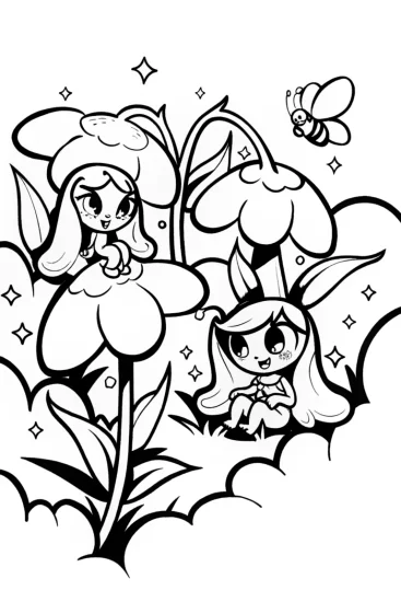 A coloring page of Bratz Dolls in a Dreamy Garden Coloring Page