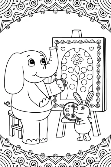 A coloring page of Rainbow buddies creating art together