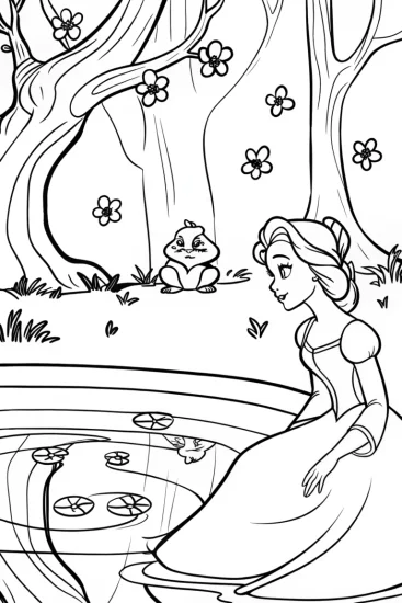 A coloring page of Belle by the Magical Pond Coloring Page