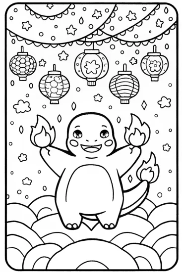 A coloring page of Charmander’s Magical Lantern Festival Coloring Page