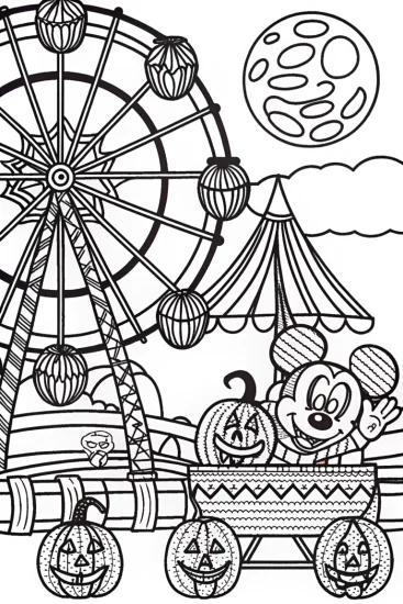 A coloring page of Mickey Mouse and Friends Haunted Carnival Coloring Page