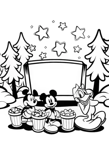 A coloring page of Mickey Mouse Outdoor Movie Night Coloring Page