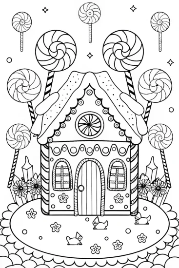 A coloring page of Gingerbread house on a candy carousel