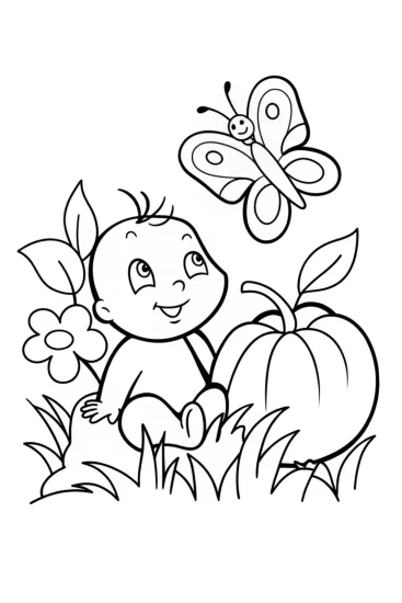 A coloring page of Baby’s whimsical garden quest coloring page
