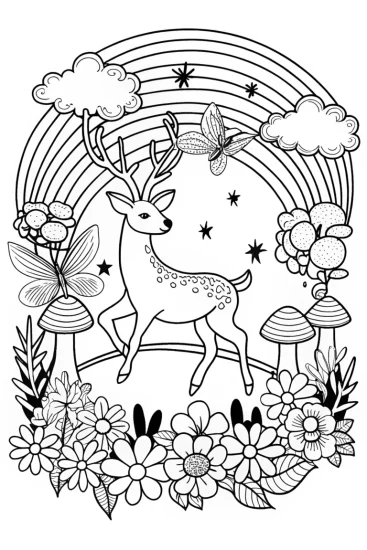 A coloring page of Rainbow Dreams with the Playful Deer Coloring Page
