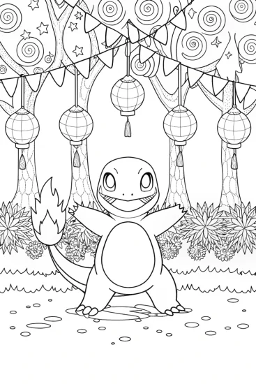 A coloring page of Charmander’s Firefly Fête Coloring Page