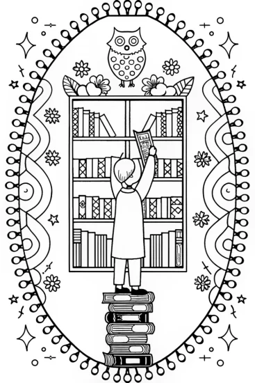 A coloring page of Hugo the Gnome in the Enchanted Library