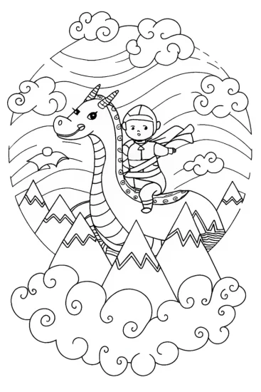 A coloring page of Ninja Riding a Dragon Coloring Page