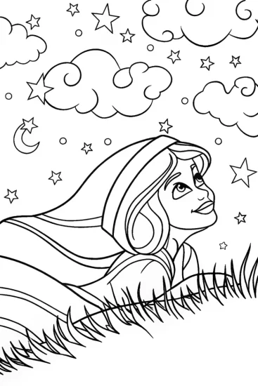 A coloring page of Jasmine and the Dreamy Starry Night Coloring Page