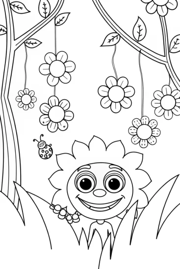 A coloring page of Huggy Wuggy’s Enchanted Garden Coloring Page