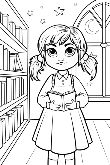 A coloring page of Gabby’s Adventure in the Enchanted Library Coloring Page