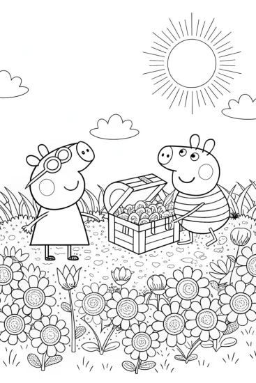 A coloring page of Peppa Pig’s Garden Treasure Hunt Coloring Page