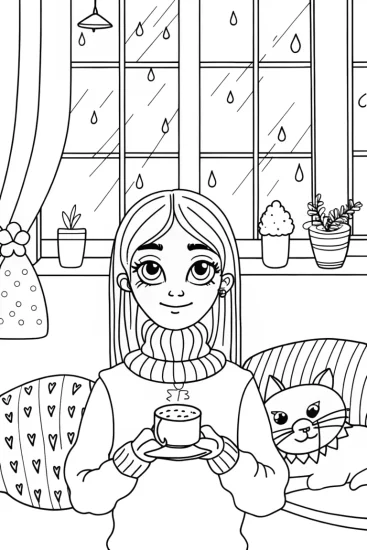 A coloring page of Gabby’s Cat Café on a Rainy Day Coloring Page