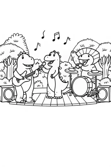 A coloring page of Dino Rock Band Jam Session Coloring Page