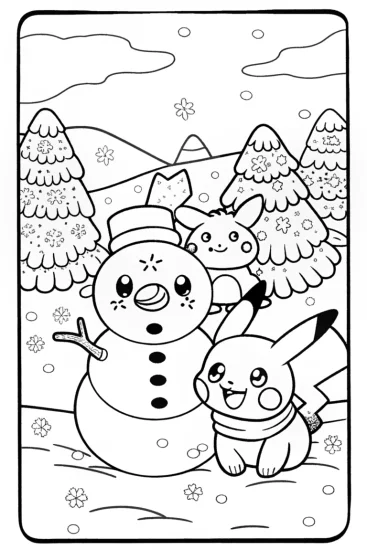 A coloring page of Pikachu Winter Wonderland Coloring Page