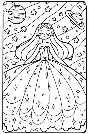 A coloring page of Celestial Dreams: The Starry Dance Coloring Page