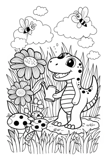 A coloring page of Dino Gardening Delight Coloring Page