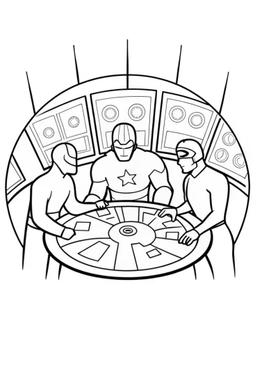 A coloring page of Avengers Team Strategy Session Coloring Page