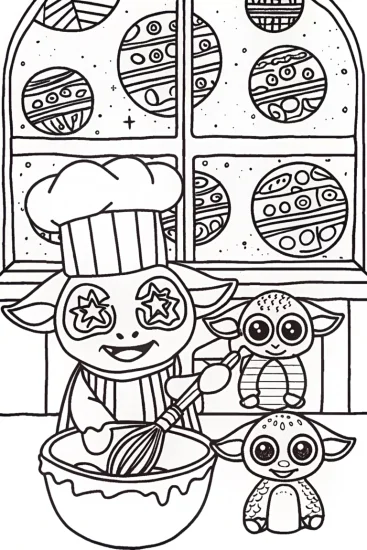 A coloring page of Baby Yoda’s Galactic Bakery Coloring Page