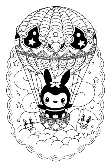 A coloring page of Kuromi’s Dreamy Balloon Adventure Coloring Page