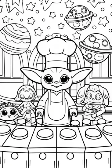 A coloring page of Baby Yoda’s Cosmic Cooking Class Coloring Page