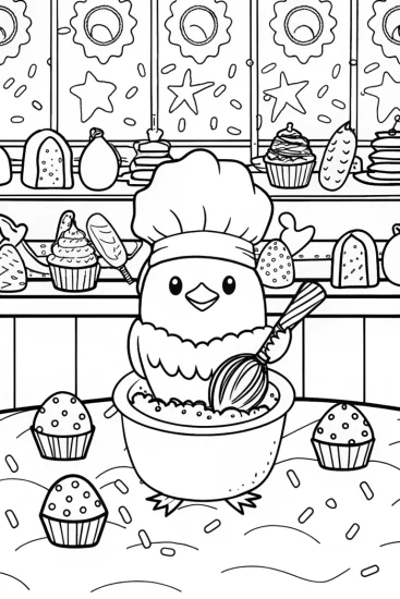 A coloring page of Chick’s Delightful Bakery Adventure Coloring Page