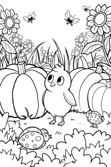 A coloring page of Chick’s Garden Adventure Coloring Page