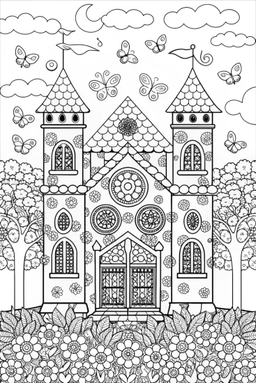 A coloring page of Butterfly Castle Adventure Coloring Page