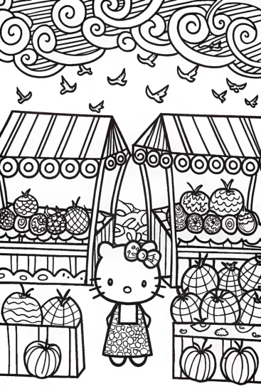 A coloring page of Hello Kitty’s Enchanted Market Coloring Page