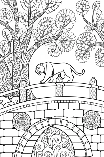 A coloring page of Brave Panther on the Enchanted Bridge Coloring Page