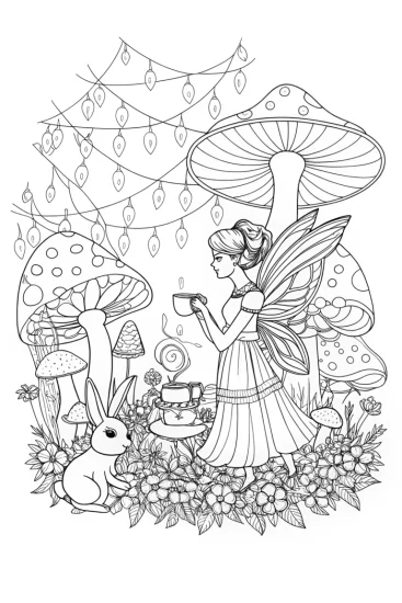 A coloring page of The Enchanted Fairy Tea Ceremony Coloring Page