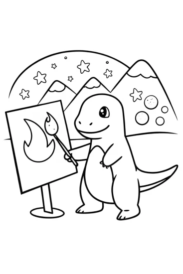 A coloring page of Charmander’s Painting Adventure Coloring Page