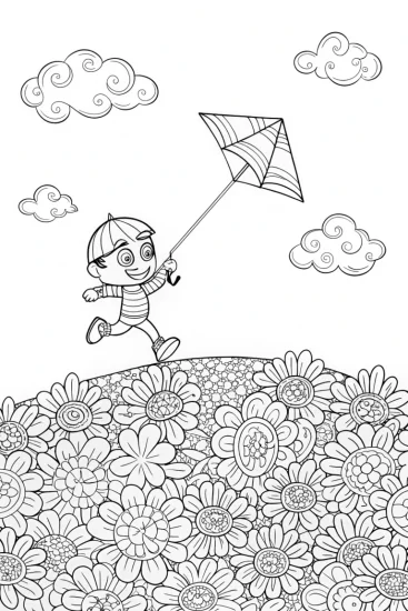 A coloring page of Kite Flying Adventure Coloring Page