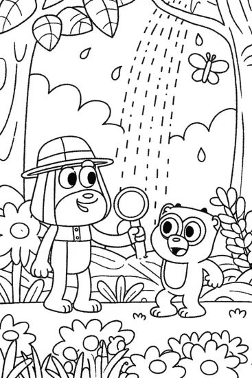 A coloring page of Bluey and Bingo’s Jungle Adventure Coloring Page